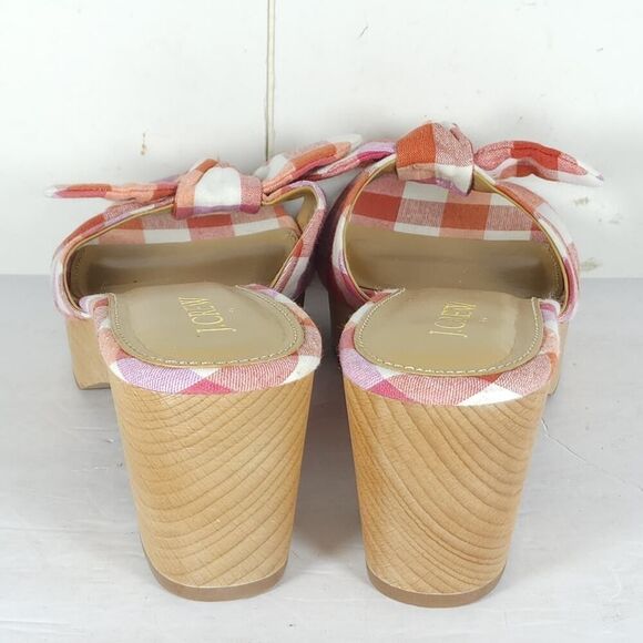 J. Crew Women's US7,5 Multicolor Plaid Printed Bow Wooden Heels Mules Sandals Nw - Picture 13 of 14